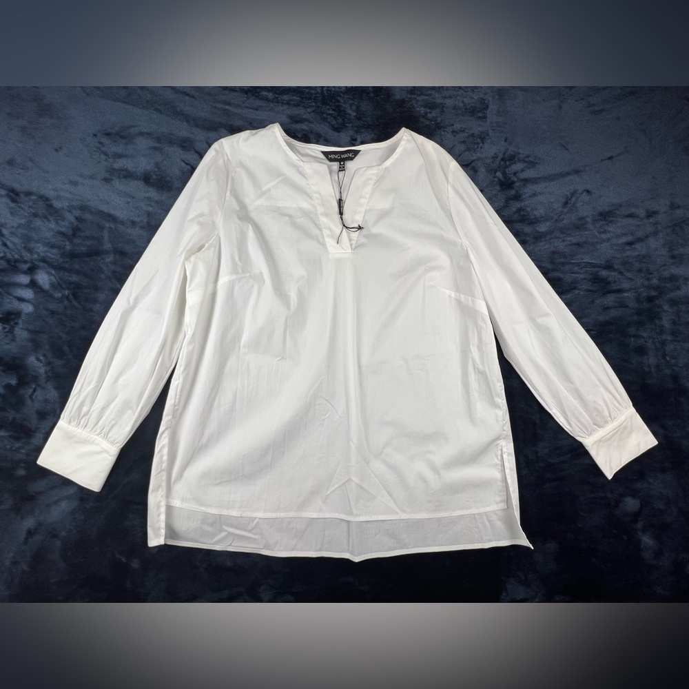 Ming Wang Tunic Top M Woven Split V-Neck Long Cuffed Sleeve High-Low Hem Blouse